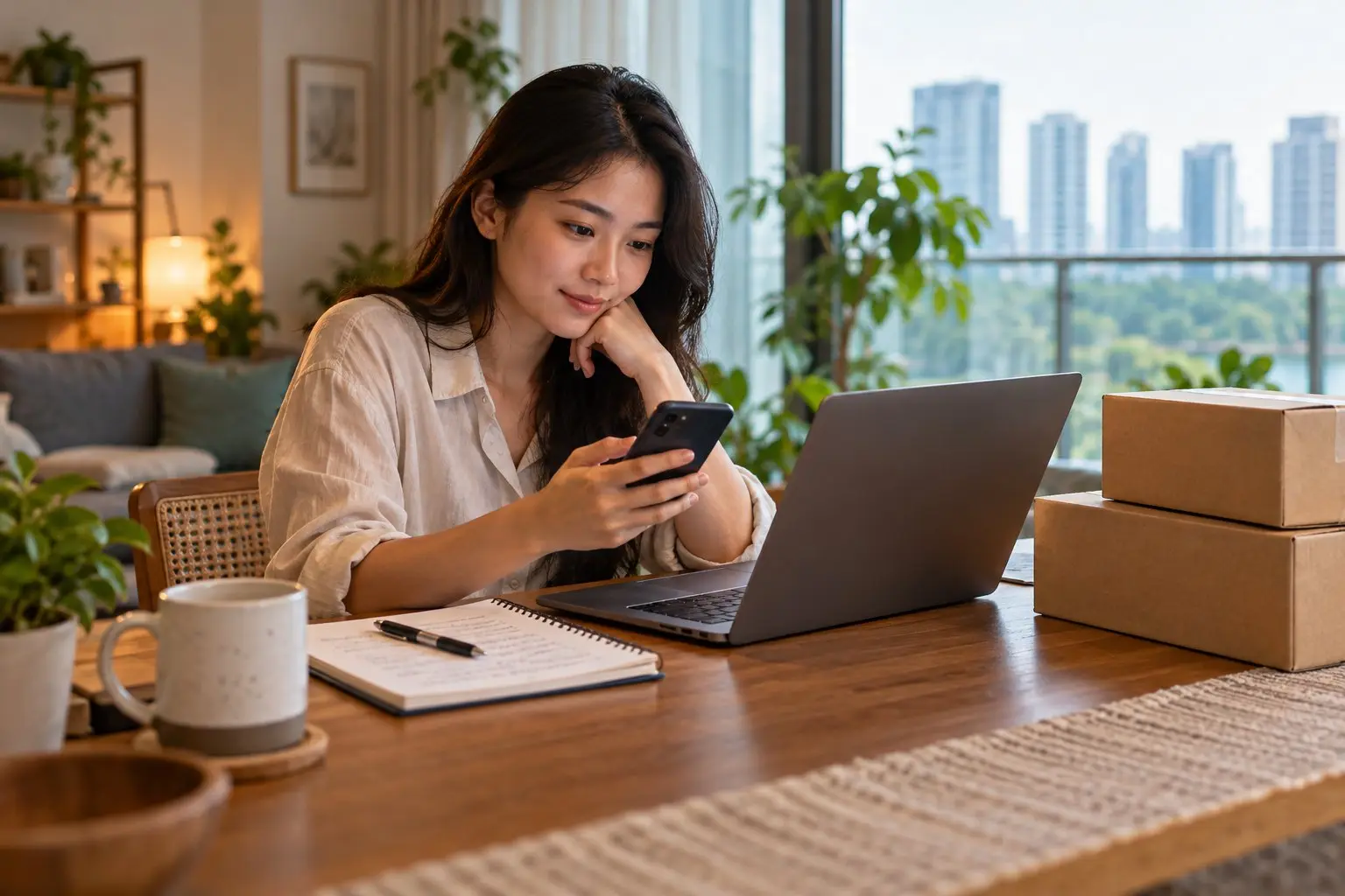 A person at a home desk comparing prices on a phone and laptop with a notepad and plain parcel boxes nearby