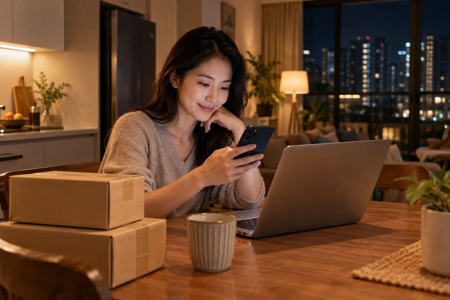 A person at a kitchen table comparing products on a phone and laptop with parcel boxes nearby