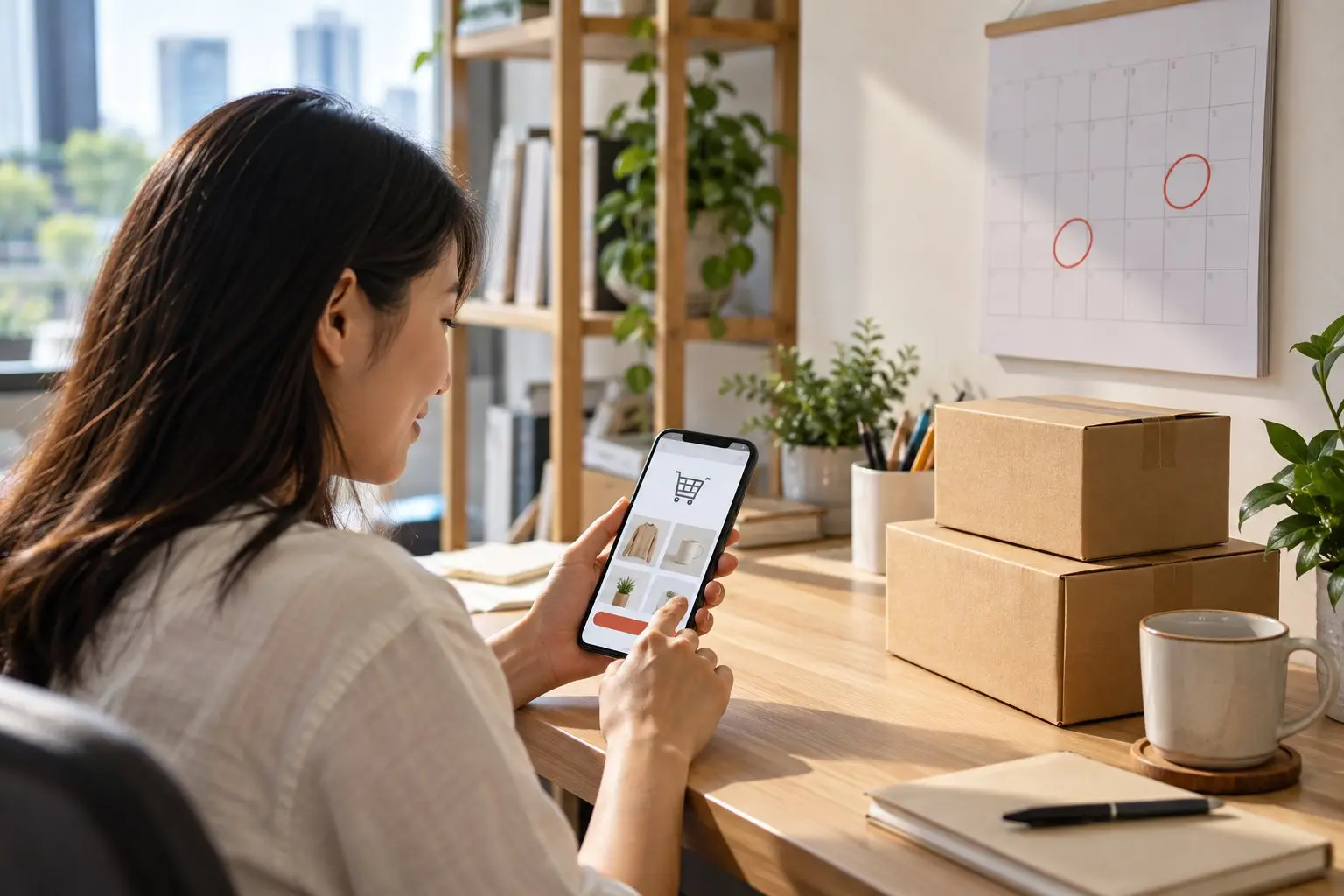A desk with a phone showing a shopping cart beside a wall calendar with two dates circled and plain parcel boxes
