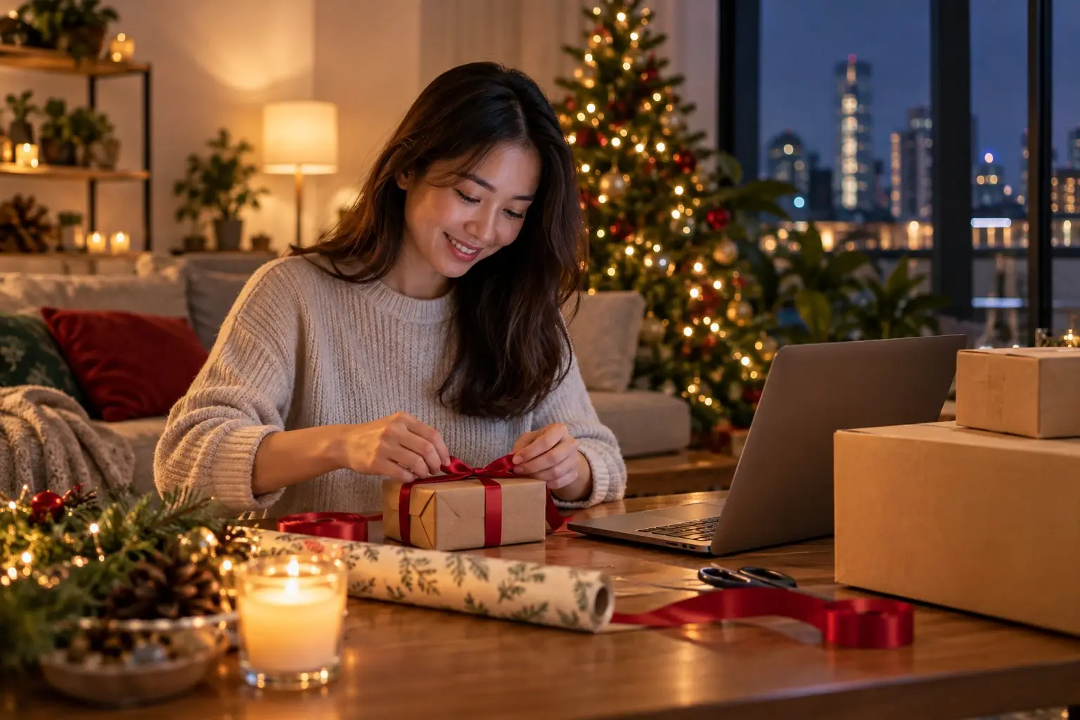 A person wrapping a small gift at home beside a laptop and plain delivery boxes