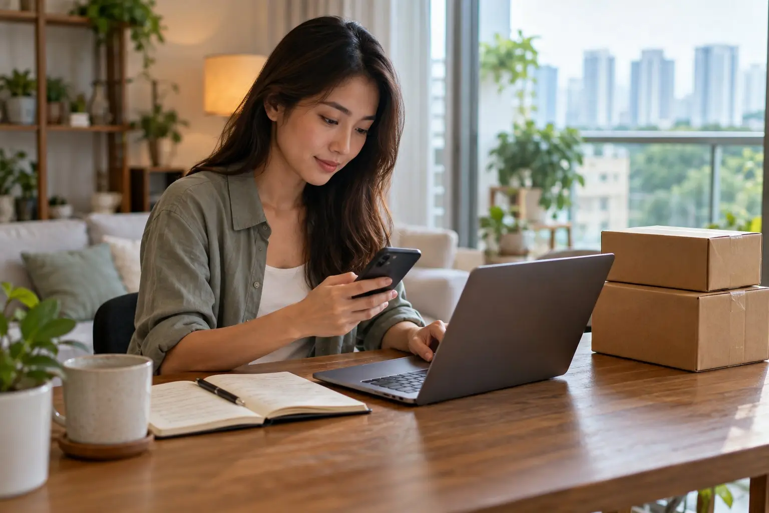 A person at a home desk comparing prices on a phone and laptop with a notebook and plain parcel boxes nearby
