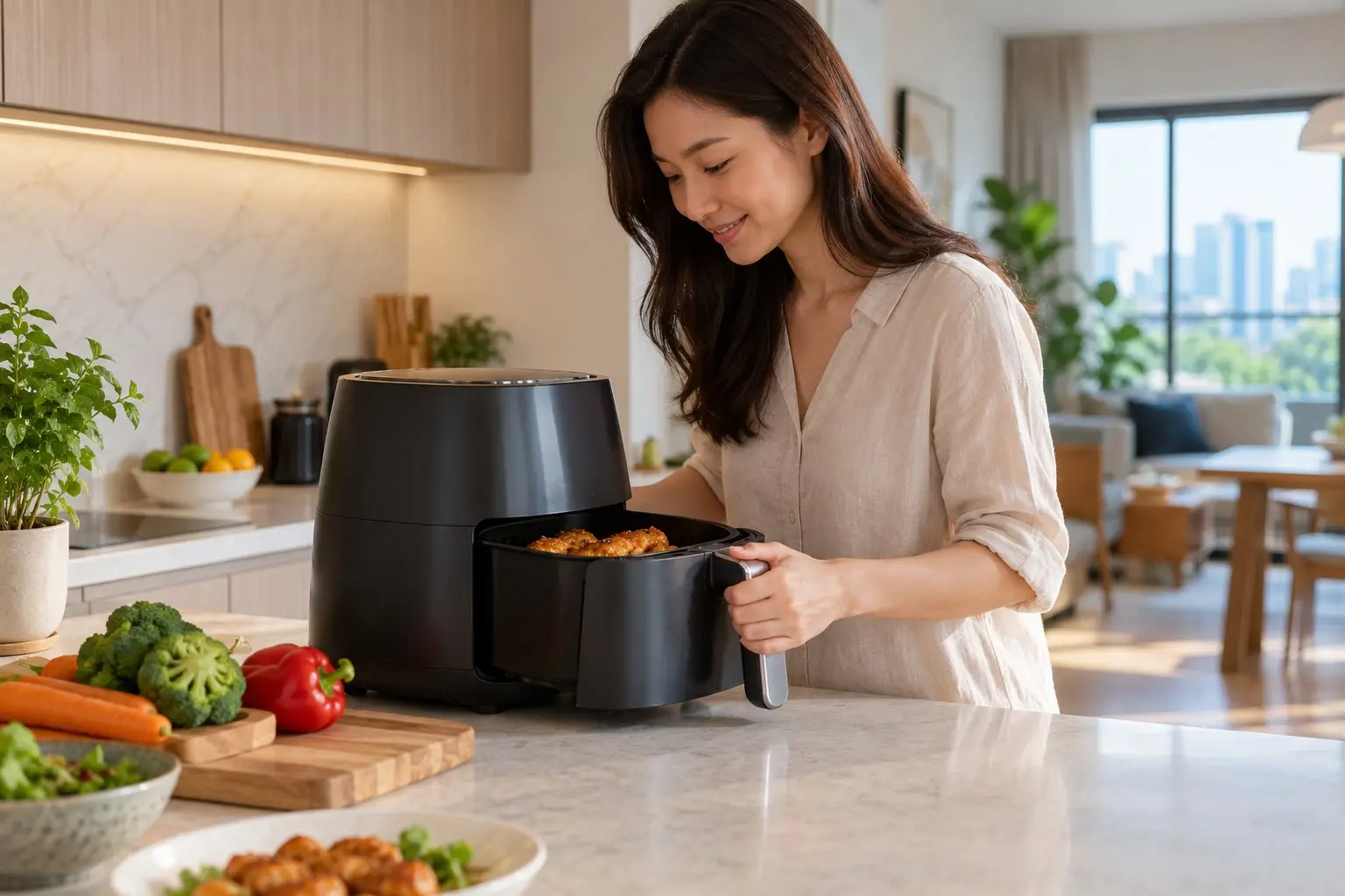 A plain unbranded air fryer on a clean kitchen counter
