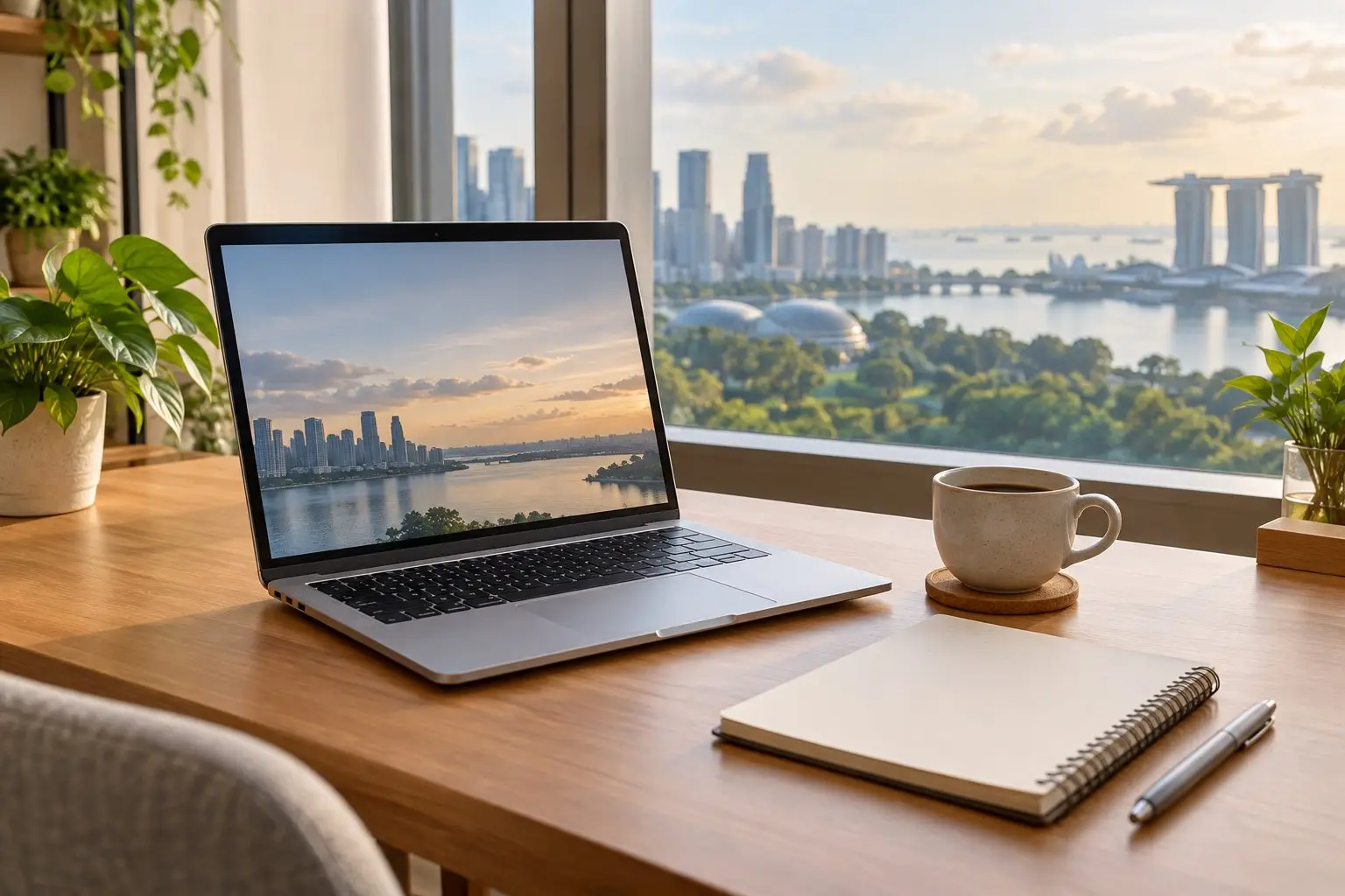 A generic thin silver laptop open on a desk beside a coffee cup and notebook