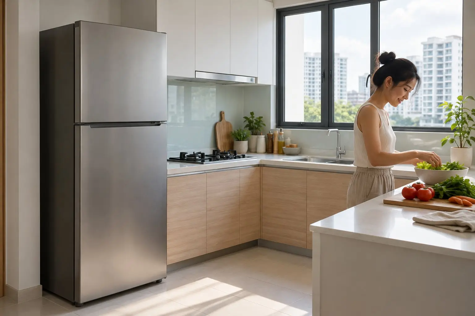 A plain unbranded two-door refrigerator in a bright modern Singapore HDB kitchen