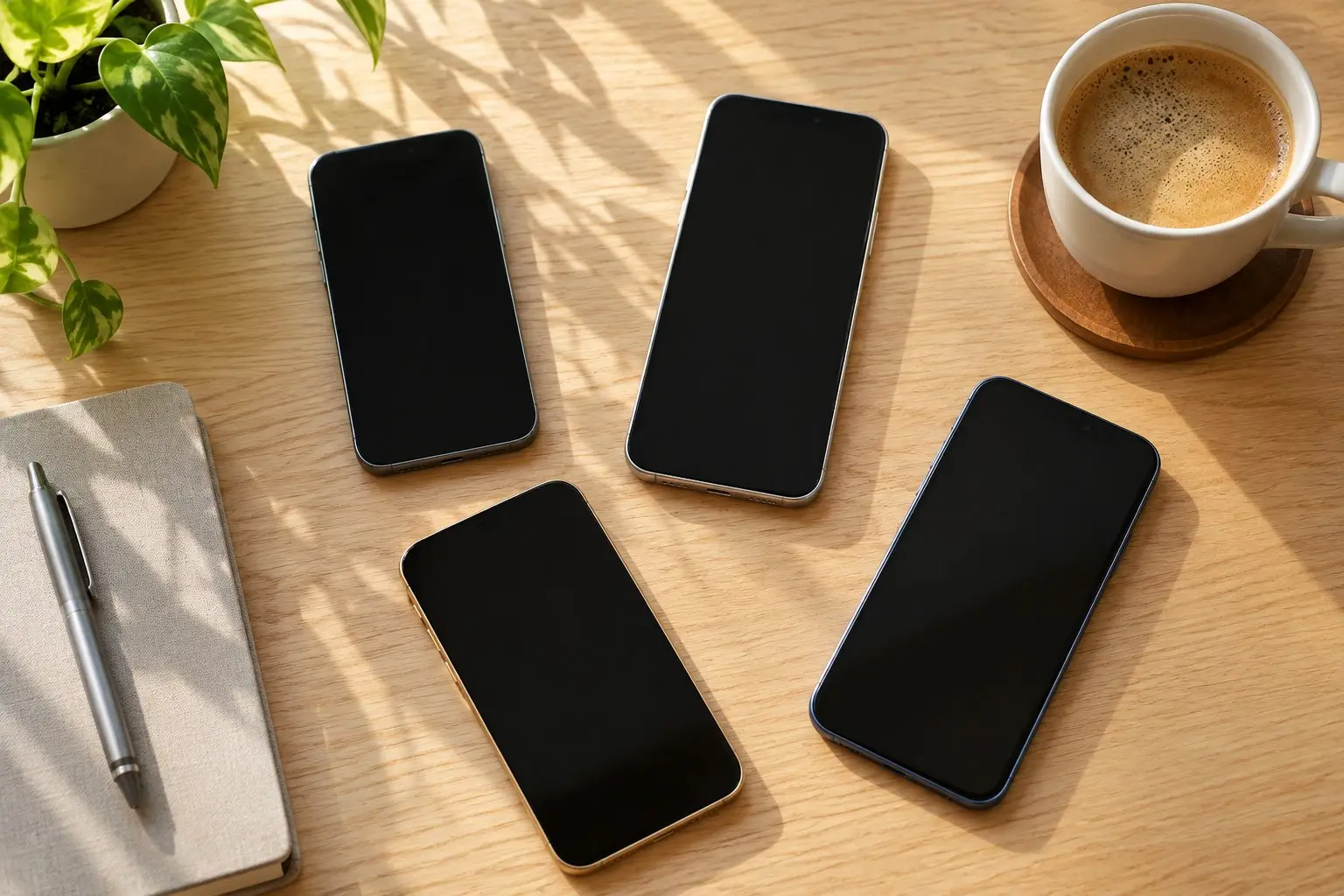 Several generic unbranded smartphones laid out on a desk next to a coffee cup