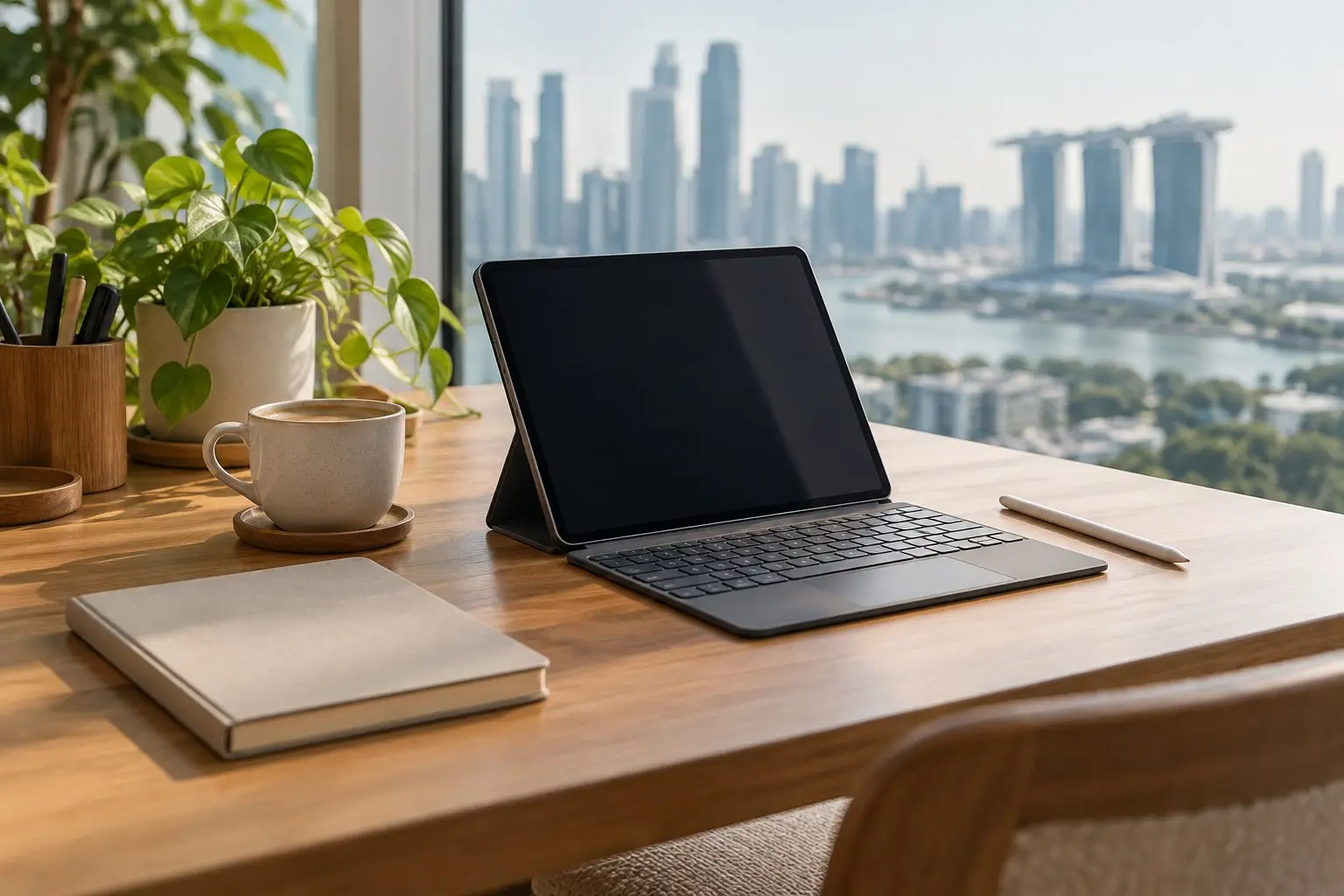A generic tablet with a detachable keyboard and stylus on a desk beside a notebook