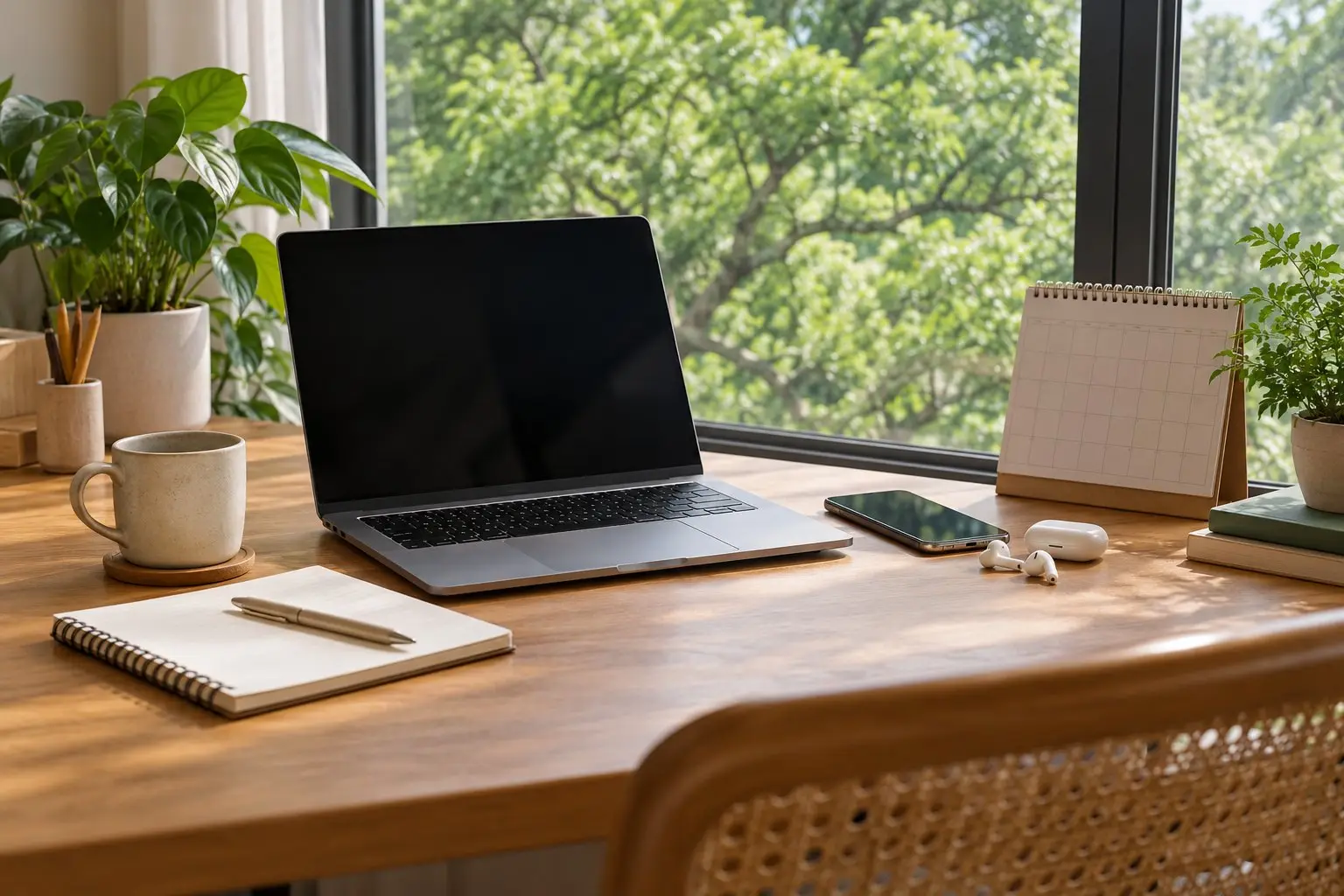 A plain unbranded laptop, phone and earbuds on a clean desk with a notepad and calendar nearby
