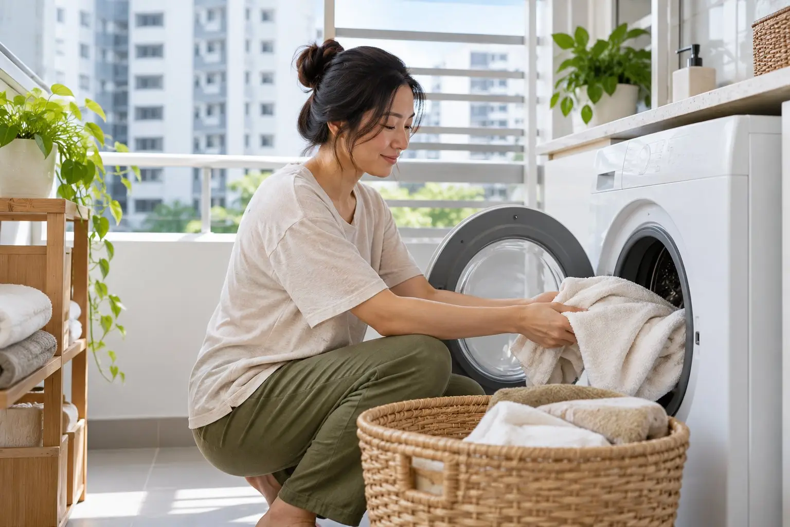 A plain unbranded front-load washing machine in a bright Singapore HDB laundry area