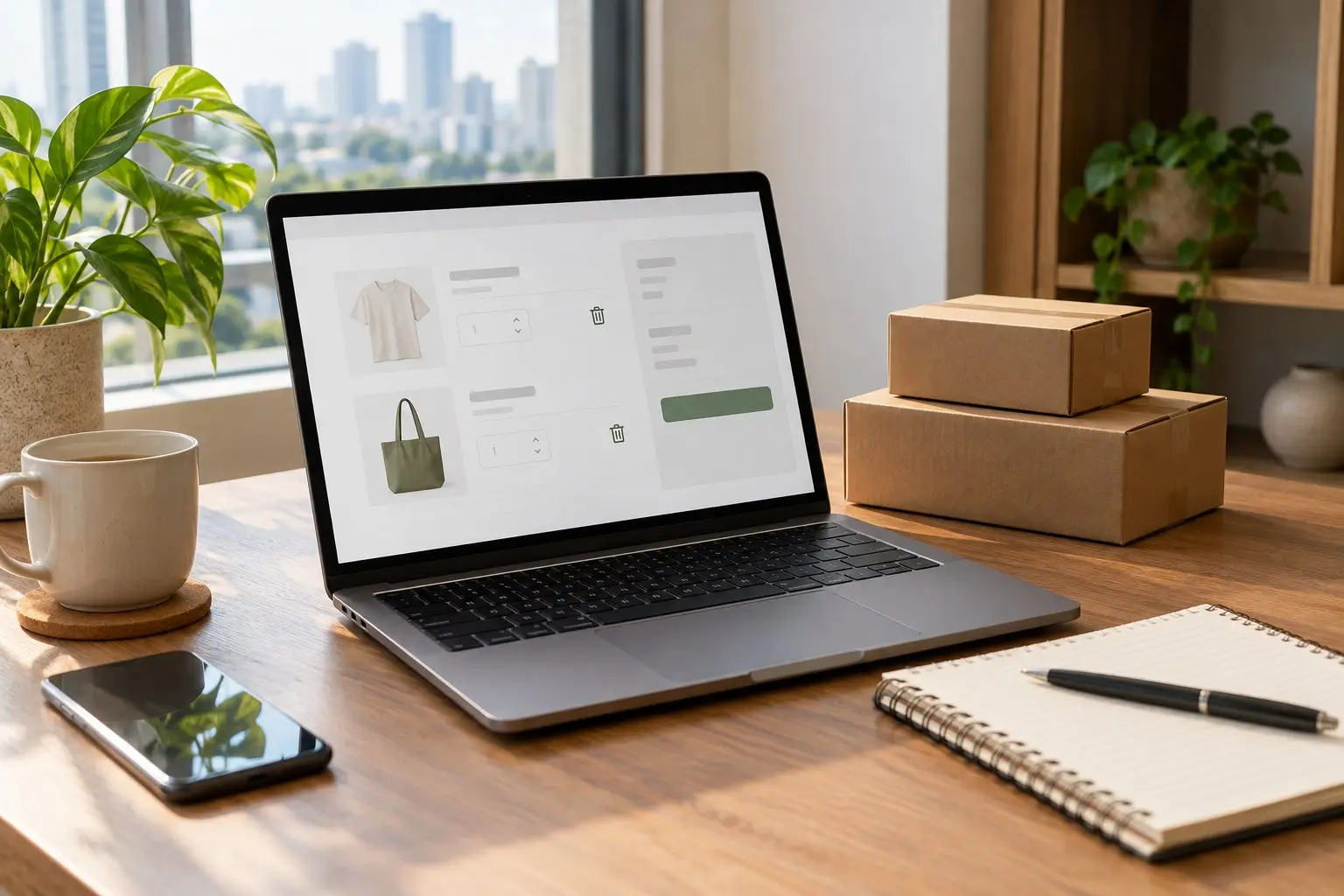 A desk flat-lay with a laptop, a notebook and pen and small plain boxes