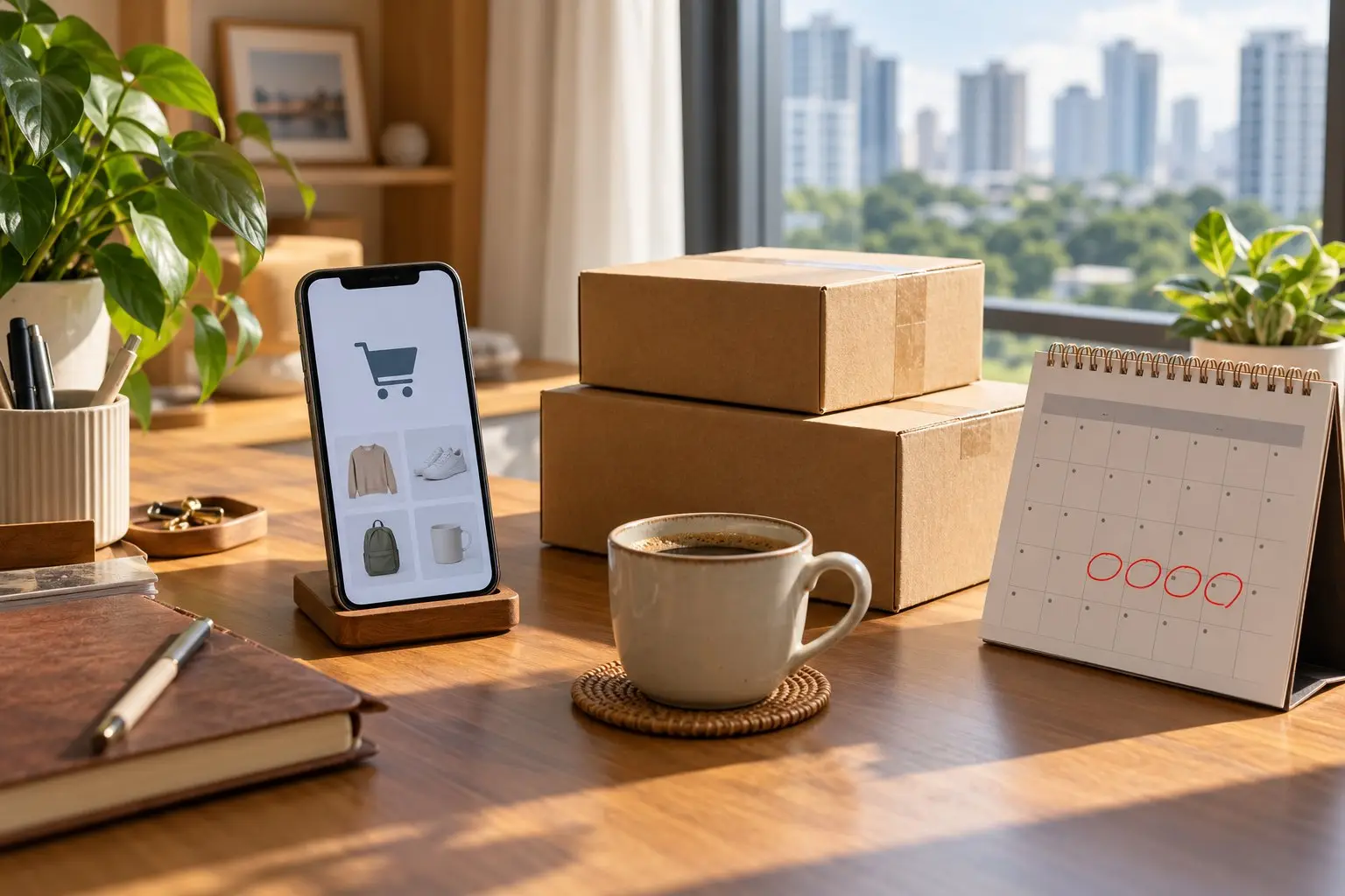 A desk with a phone showing a shopping cart beside a wall calendar with late-November dates circled and plain parcel boxes