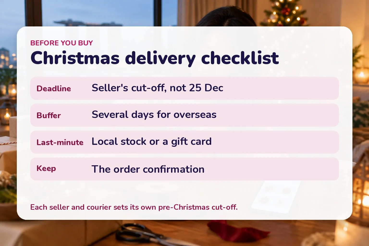 Card: delivery deadline is the seller cut-off, leave a buffer for overseas, use local stock or gift cards late, keep the order confirmation