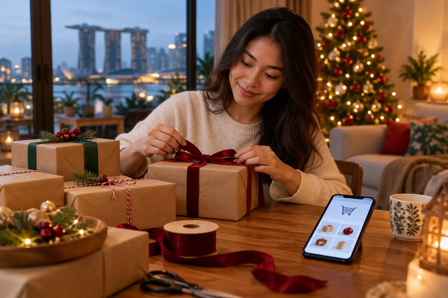 A home table with plain wrapped gift boxes, ribbon and a phone showing a shopping cart, ready for the holidays