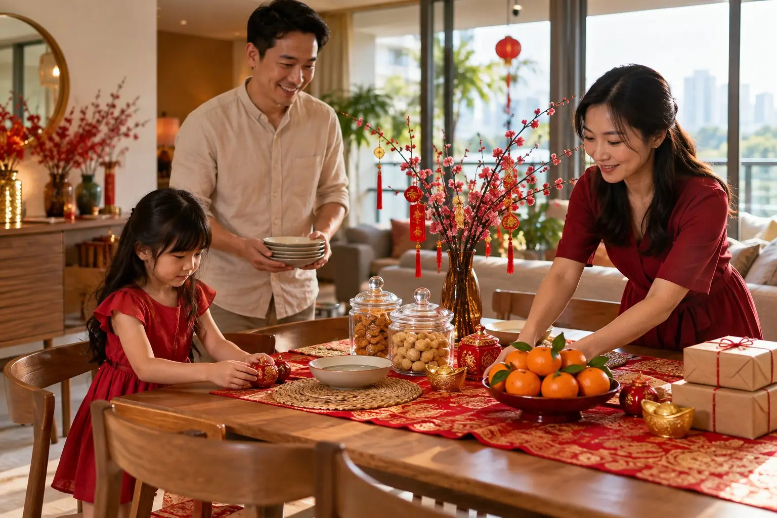 A home dining table being set with red and gold festive decorations, snack jars and small wrapped parcels, ready for the new year