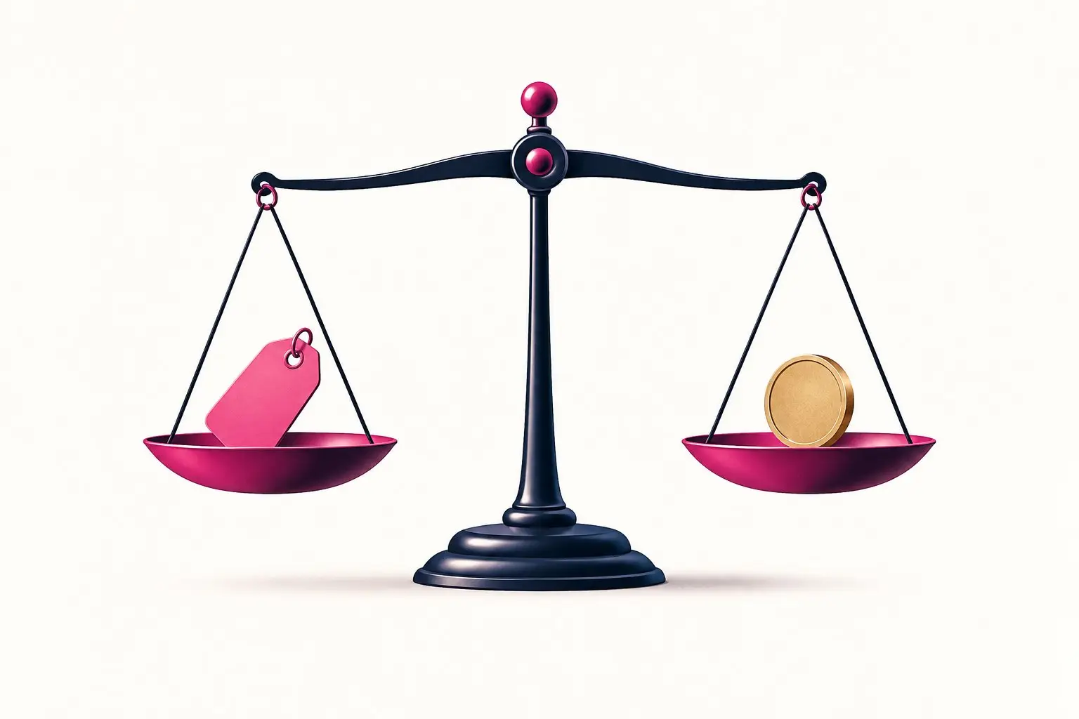 A flat illustration of a balanced scale with a price tag and a coin