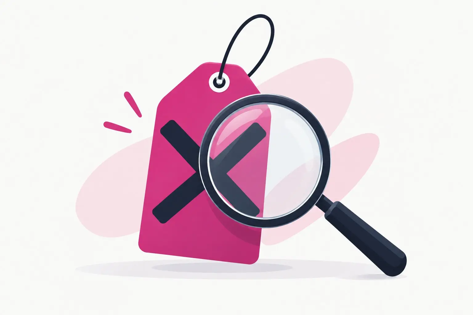 A flat illustration of a magnifying glass inspecting a crossed-out price tag