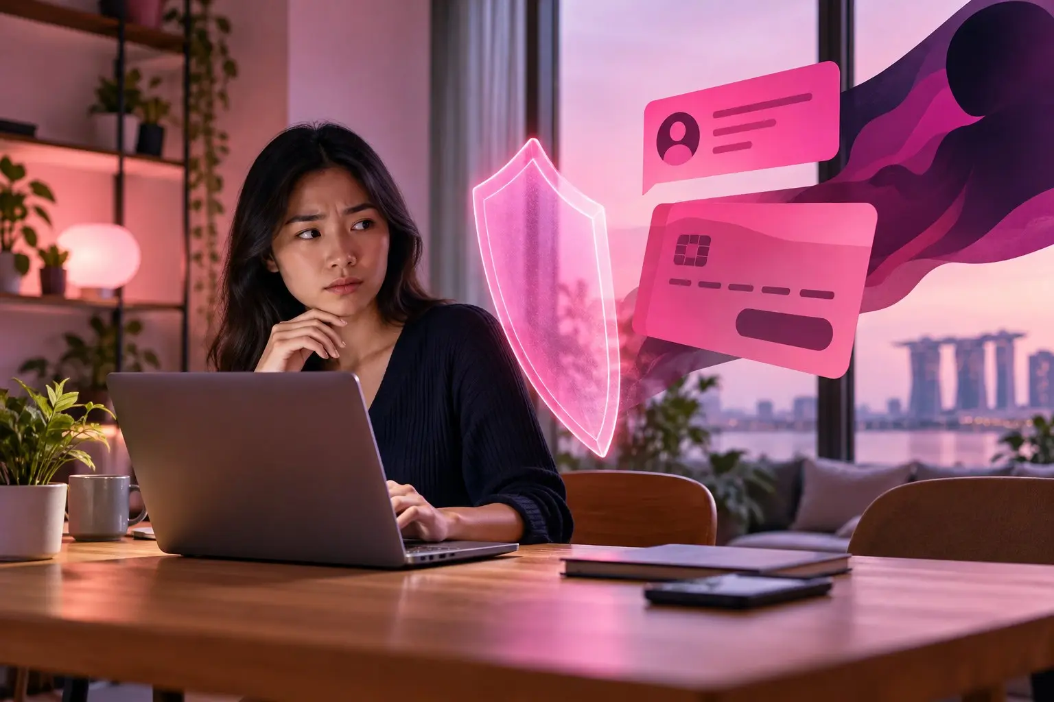 Flat illustration of a shopper at a laptop pausing at a warning shield before a suspicious payment prompt