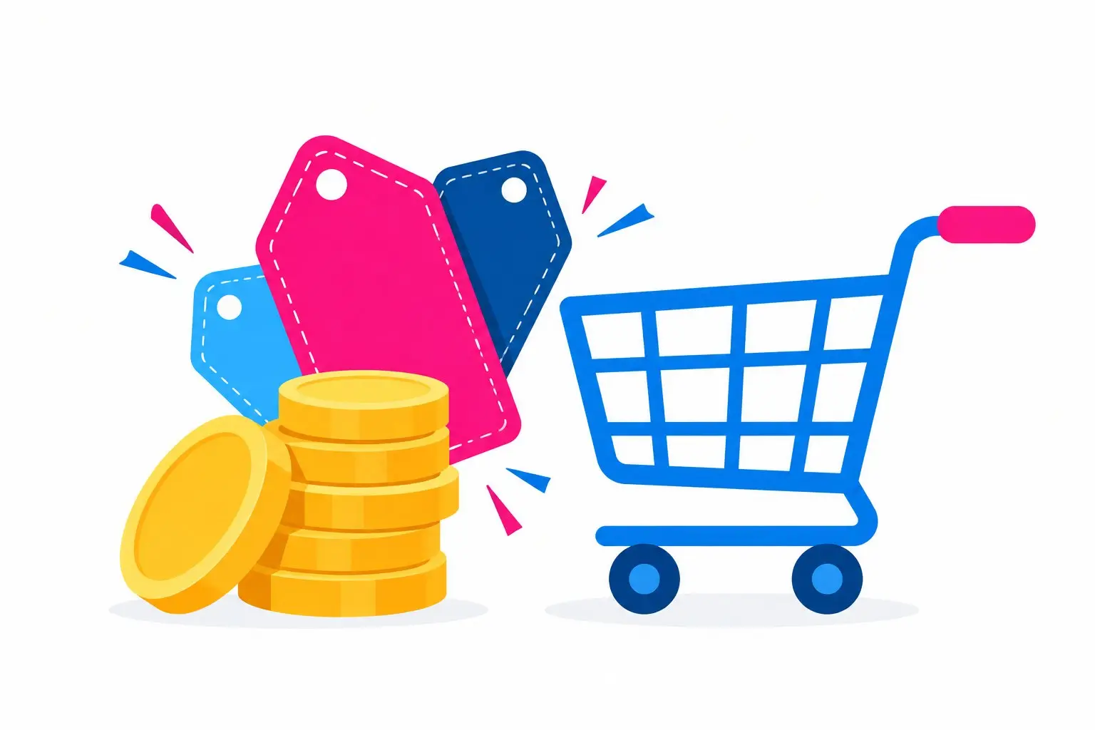 A flat illustration of gold coins and discount voucher tags stacking up beside a shopping cart