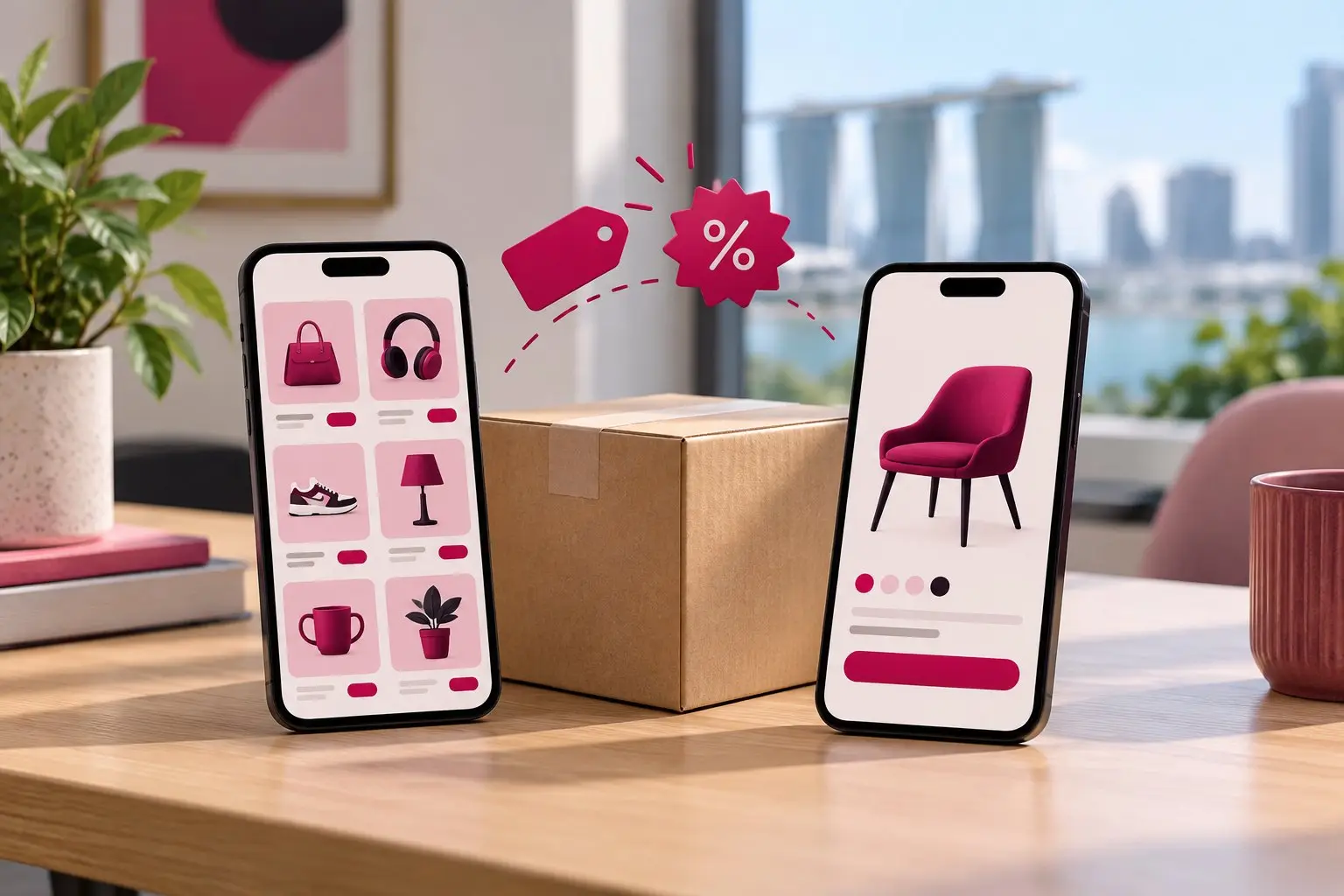 Two phones and a parcel on a plain desk, one phone showing a marketplace grid, the other a single-retailer layout