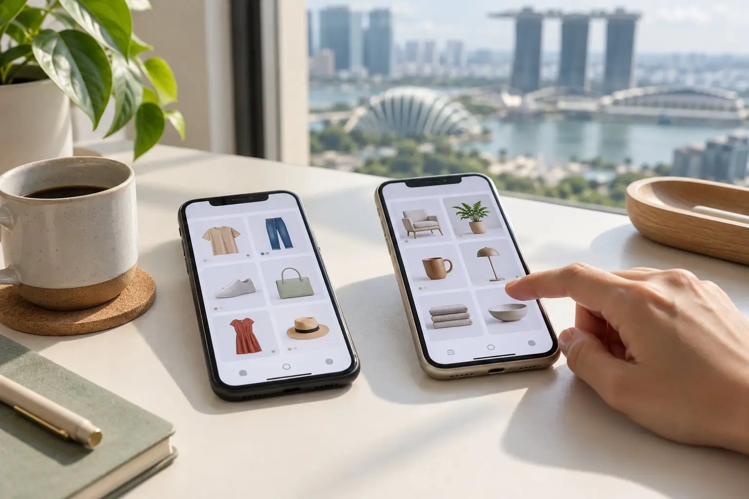 Two smartphones side by side on a desk showing plain shopping app layouts