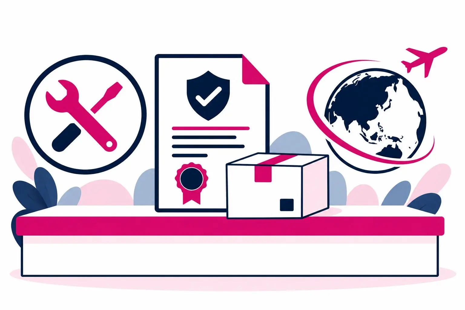 A flat illustration of a repair counter with a tool icon, a globe and a document, suggesting local versus overseas service